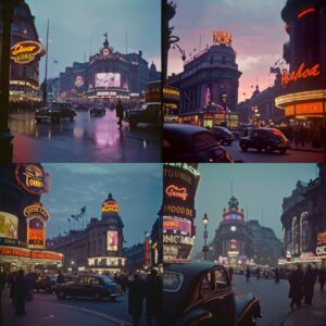 1946 Kodachrome picture of postwar Piccadilly Circus at dusk, colourful neon sig...