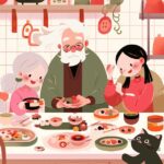 Flat illustration, Chinese Spring Festival, dining scene at home, Grandpa and gr...