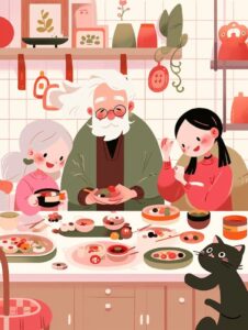 Flat illustration, Chinese Spring Festival, dining scene at home, Grandpa and gr...