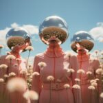 A group of people in a field of flowers with mirrors in their backs, in the styl...