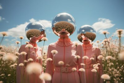 A group of people in a field of flowers with mirrors in their backs, in the styl...