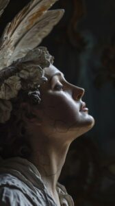 una mujer ángel arrodillada con las alas extendidas, frente a un oscuro Baldaqui...