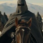 Hollywood epic battle drama, cinema scene, A man wearing a black cloak riding a ...