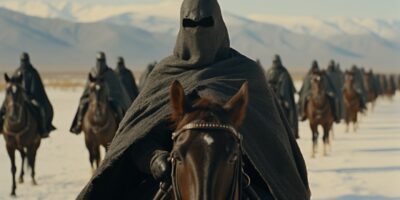 Hollywood epic battle drama, cinema scene, A man wearing a black cloak riding a ...