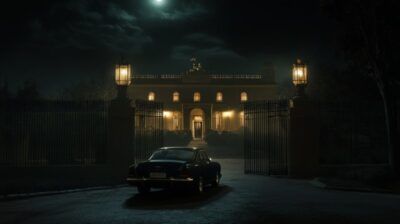 A car stops in front of the palace at night in a terrifying scene.in the year 20...