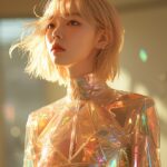 perfect composition photo of an faceless android wearing a form-fitting futurist...