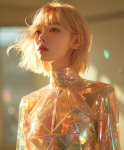 perfect composition photo of an faceless android wearing a form-fitting futurist...