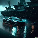 A photograph of an aircraft carrier seaborne a collection of sports cars from 20...