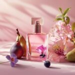 Product photography of perfume in a pink reactangle glass bottle with light pink...