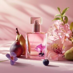 Product photography of perfume in a pink reactangle glass bottle with light pink...