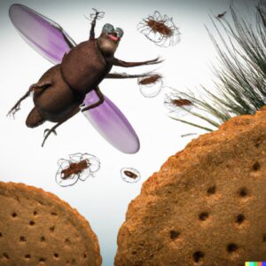Surrealistic giant fly catch running bread crumbs  Portrait of a cool bear holdi...