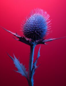 Photo of a blue thistle against a red background, in the style of surreal animat...