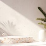 Natural beauty podium backdrop for product display with Terrazzo texture. 3d ren...