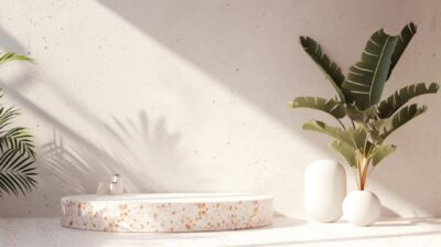 Natural beauty podium backdrop for product display with Terrazzo texture. 3d ren...