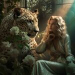 Woman posing with leopard in a fantasy garden, in the style of light green and l...