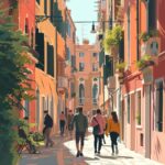 illustration of people walking in pretty street in Venice, cozy, bright colours,...