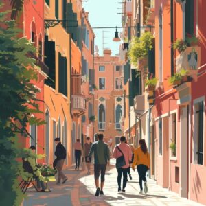 illustration of people walking in pretty street in Venice, cozy, bright colours,...