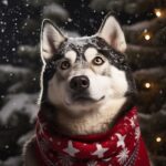 alaskan husky wearing christmas sweater, under the christmas tree, in the snow, ...