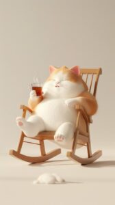 3d , cute chubby fluffy cat , a contented expression, Lying on the rocking chair...