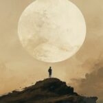 a person stands on top of a hill looking at a big white moon, in the style of em...