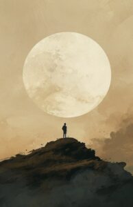 a person stands on top of a hill looking at a big white moon, in the style of em...