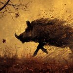 a wild boar charging at the viewer in the style of Andy Kehoe and naïve art, ill...