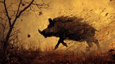 a wild boar charging at the viewer in the style of Andy Kehoe and naïve art, ill...