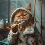 A red cat wearing a Louis Vuitton monogrammed bathrobe brushing its teeth in the...