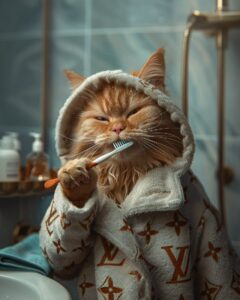 A red cat wearing a Louis Vuitton monogrammed bathrobe brushing its teeth in the...