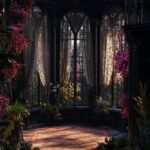 enormous 3d assemblage of the interior of a huge gothic steampunk mansion bay wi...