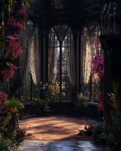 enormous 3d assemblage of the interior of a huge gothic steampunk mansion bay wi...