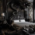 French style large bedroom, bed, bedside table, carpet, background wall dragon s...