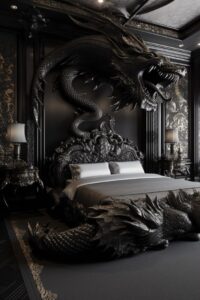 French style large bedroom, bed, bedside table, carpet, background wall dragon s...