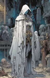 15 cool & short prompts for V51. Full body of a hooded witch in white robes,...