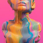 Person shape emerging from 3d paint, multicolours, thick, glossy, flowing from t...