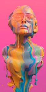 Person shape emerging from 3d paint, multicolours, thick, glossy, flowing from t...