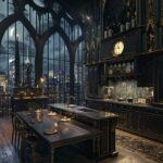 hihg angle shot of gothic medieval kitchen, spacious and sofisticated, with cust...