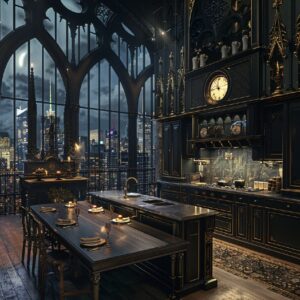 hihg angle shot of gothic medieval kitchen, spacious and sofisticated, with cust...