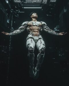A asian high fashion model floating in zero gravity a muscular man cyborg, half ...