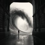 B& w extreme long shot analog photograph of a man in empty Paris streets sta...