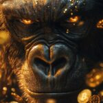 Take a close-up shot of a golden gorilla face, its eyes glowing with energy and ...