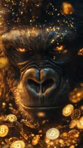 Take a close-up shot of a golden gorilla face, its eyes glowing with energy and ...