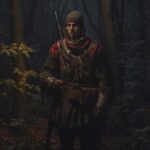 A medieval bandit leader with great equipment, in a forest, at night, medium dis...
