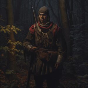 A medieval bandit leader with great equipment, in a forest, at night, medium dis...