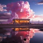 Complementary colors, realism, photography, wide shot, a salt flat with reflecti...