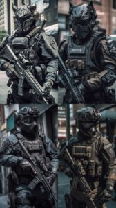 Photo of cute realistic and high detailed Rhinoceros as swat team, high detailed...