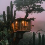 a treehouse with gold stars, during sunrise, rose foggy sky, landscape with cact...