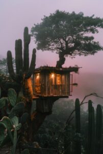 a treehouse with gold stars, during sunrise, rose foggy sky, landscape with cact...