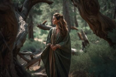 Hyperrealistic portrait of a serene woman, mid - 30s, earth - toned flowing dres...