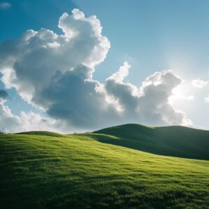 photography of large of clouds resting on a green hillside, basking in the brigh...